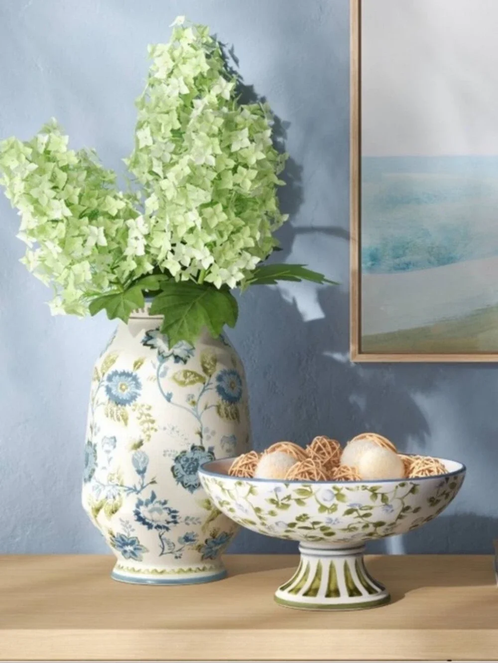 Ceramic Blue&Green Painted Floral Vase By Threshold